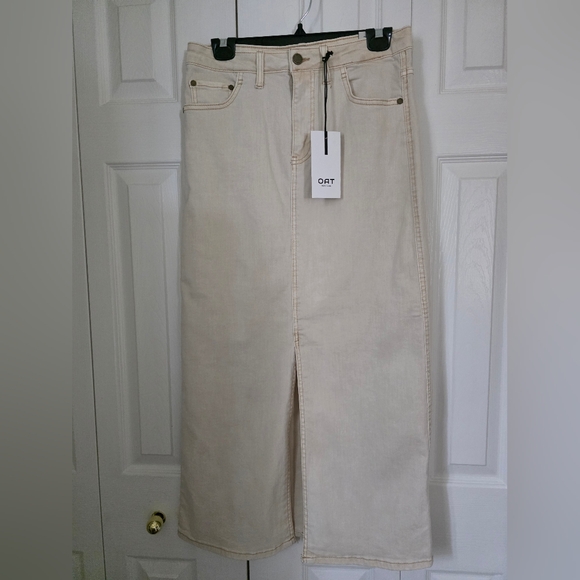 OAT New York Cream Denim Midi Skirt With Slit And Pockets 6 NWT - Picture 2 of 12